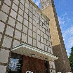 First Christian Church - The freestanding brick clock tower is 166ft tall, with the clock face offset to one side, reflecting the asymmetry of humanity.