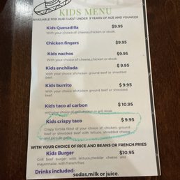 Kids menu