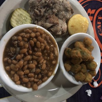 Collins River BBQ & Cafe - Pulled pork plate with baked beans, fried okra, and corn muffin. - Barbeque Near Me - McMinnville, Tennessee
