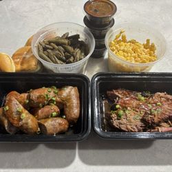 Smoked Lick BBQ - Sausage, brisket, green beans, corn, house, barbecue sauce, rolls