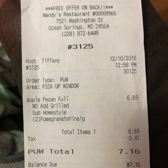 Wendy's - the receipt for the restaurant - Burgers Near Me - Ocean Springs, Mississippi