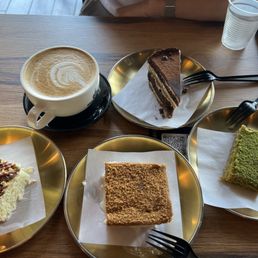 Sana'a latte, biscoff milk cake, dubai chocolate milk cake, coffee cake and kataifi