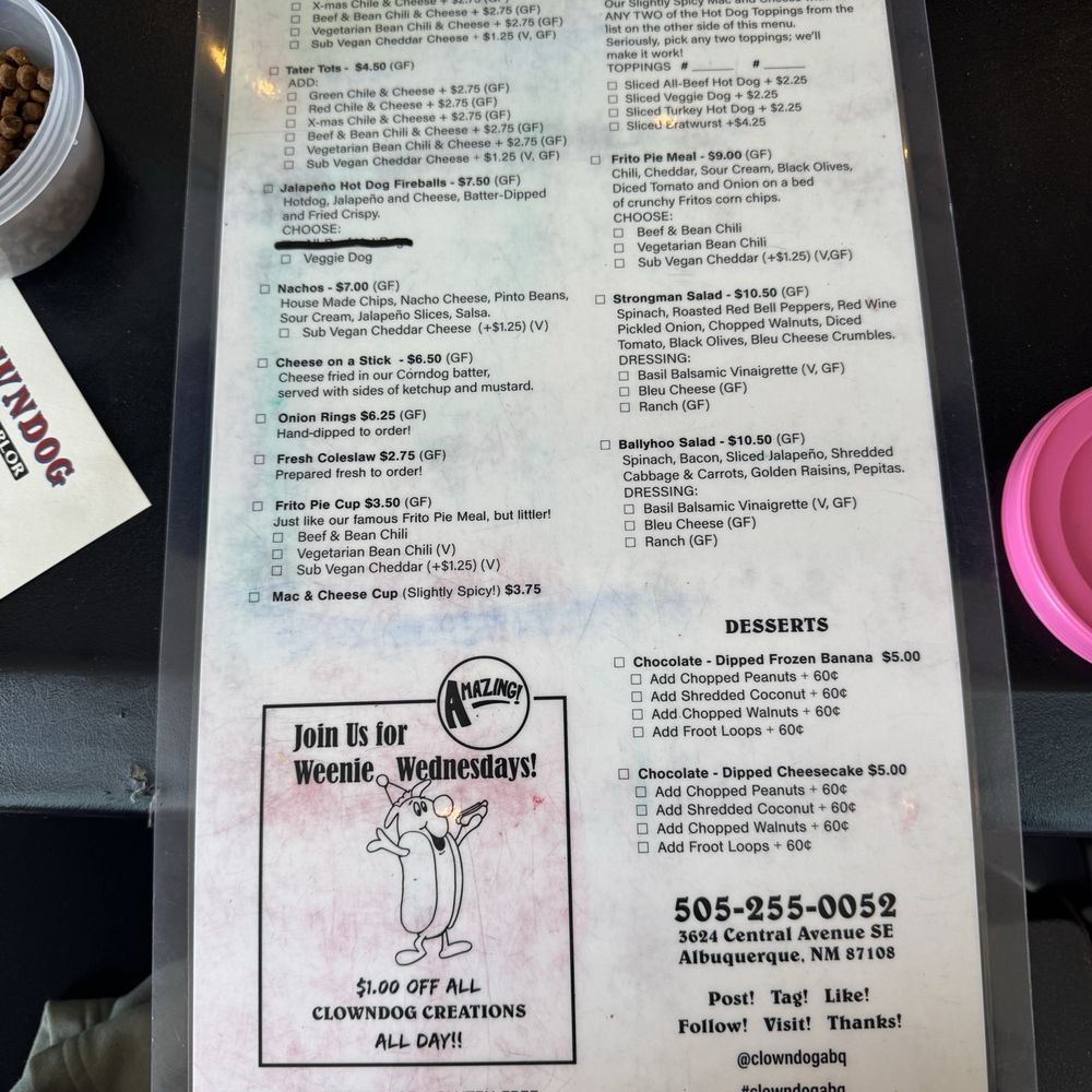 Clowndog Hot Dog Parlor - One side of menu you use dry erase maker to order - Hot Dogs Near Me - Albuquerque, New Mexico Clowndog Hot Dog Parlor - One side of menu you use dry erase maker to order - Hot Dogs Near Me - Albuquerque, New Mexico