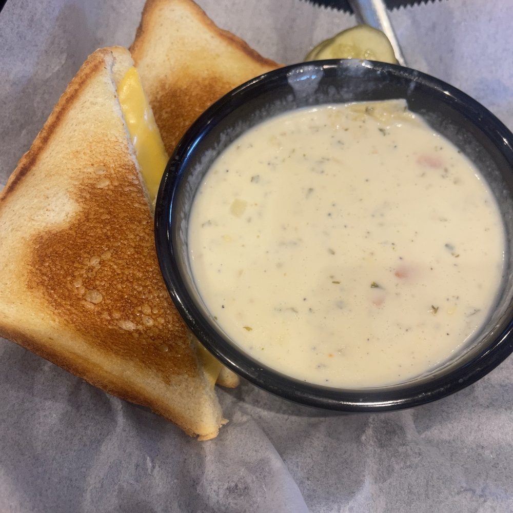 Grilled cheese sandwich with potato/corn chowder