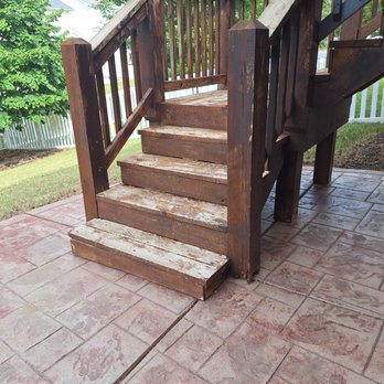 Pro Painting - Before stairs discolored and worn, posts rotted at base. - Painters Near Me Pro Painting - Before stairs discolored and worn, posts rotted at base. - Painters Near Me
