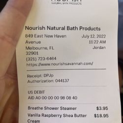 Nourish Natural Bath Products - Receipt