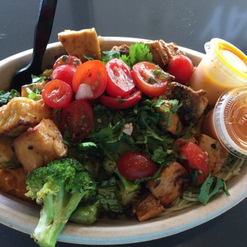 Bolay - Tofu and herb chicken over sweet potato mash and cilantro noodles with broccoli and brussel sprouts - New American Near Me - Boca Raton, Florida