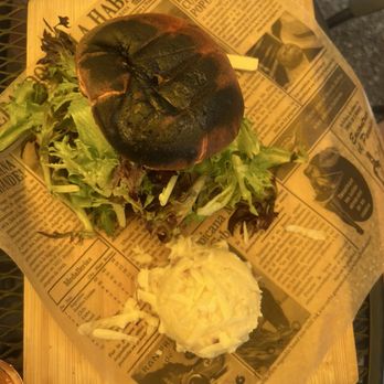 Grey Hawk Bar & Gardens - Burger with extremely burnt bun - Cocktail Bars Near Me - Lake Lure, North Carolina