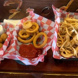 Breaded mushrooms, onion rings and awesome fresh cut fries.