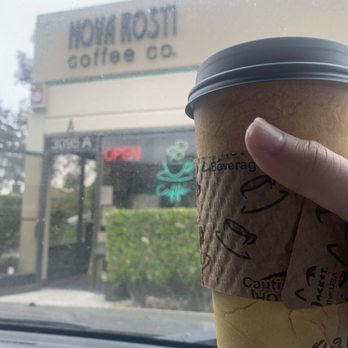 Nova Rosti - 16 oz Caramel latte, outside - Coffee & Tea Near Me - San Rafael, California