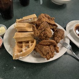 Delicious chicken and waffles.