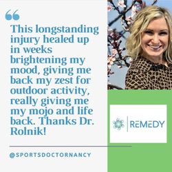 Nancy E Rolnik, MD at Remedy Sports and Regenerative Medicine - Getting athletes back to exercise changes lives. Sports injuries get in the way of living fully. Let's get you out of pain too!