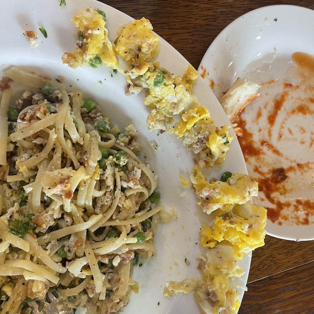 This was supposed to be pasta carbonara but it looks like Chinese food to be quite honest like egg foo yong or something. This was supposed to be pasta carbonara but it looks like Chinese food to be quite honest like egg foo yong or something. 