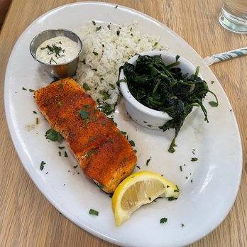 Lure Fish House - White Fish (I forget which he ordered- Bass?), Sautéed Spinach & Cilantro Lime Rice - Seafood Near Me - Porter Ranch, California