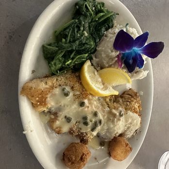 Wolf Bay at Orange Beach - Parmesan crusted grouper, spinach and truffle mashed potatoes. - Seafood Near Me - Orange Beach, Alabama
