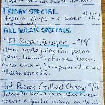 The Tiny Piney - Specials menu. - The menu features daily and weekly specials, including cheeseburgers, fish-n-chips, hot popper burgers, grilled cheese, and Nashville hot chicken, with prices and descriptions. - Dive Bars Near Me - Batavia, New York