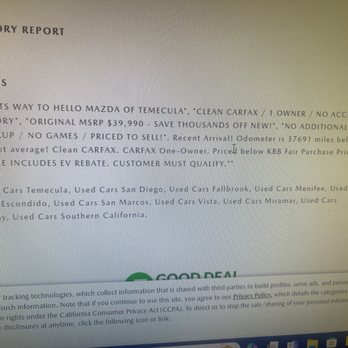 Hello Mazda of Temecula - iPacket disclaimer, I was buying a car wtih 13k miles on it not 37k - Car Dealers Near Me - Temecula, California Hello Mazda of Temecula - iPacket disclaimer, I was buying a car wtih 13k miles on it not 37k - Car Dealers Near Me - Temecula, California