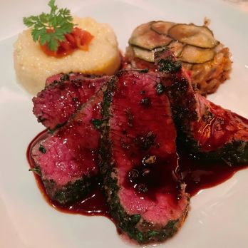 Gary Danko - Herb Crusted Lamb Loin with Eggplant Zucchini Tian and Creamy Polenta. - New American Near Me - San Francisco, California
