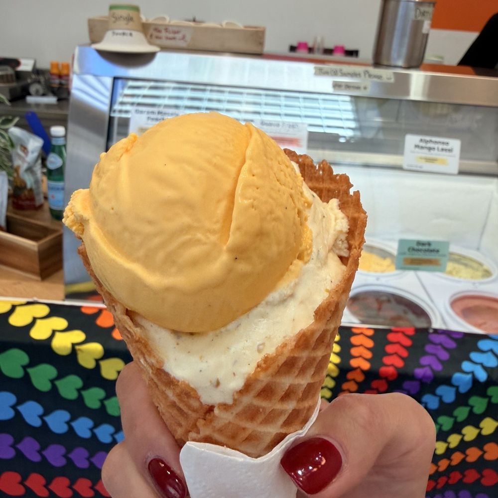 Koolfi Creamery - Mango Lassi + Malai Koolfi in dosa waffle cone - Ice Cream & Frozen Yogurt Near Me - San Francisco, California