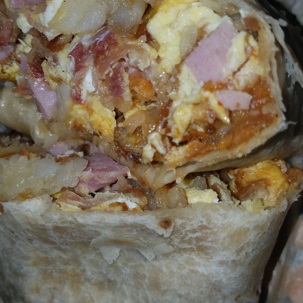 Jims Burgers - Combination burrito with burnt egg $7 - Burgers Near Me - La Mirada, California