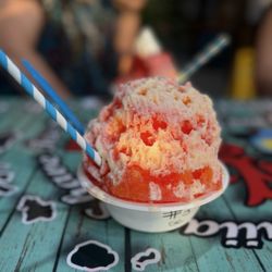Hula Girls Shave Ice - Hawaiian sunset, with condensed milk (guava, mango, pineapple, lilkoi, strawberry)