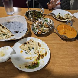 Garlic Naan, Okra, butter chicken, Samosa chata Garlic Naan, Okra, butter chicken, Samosa chata