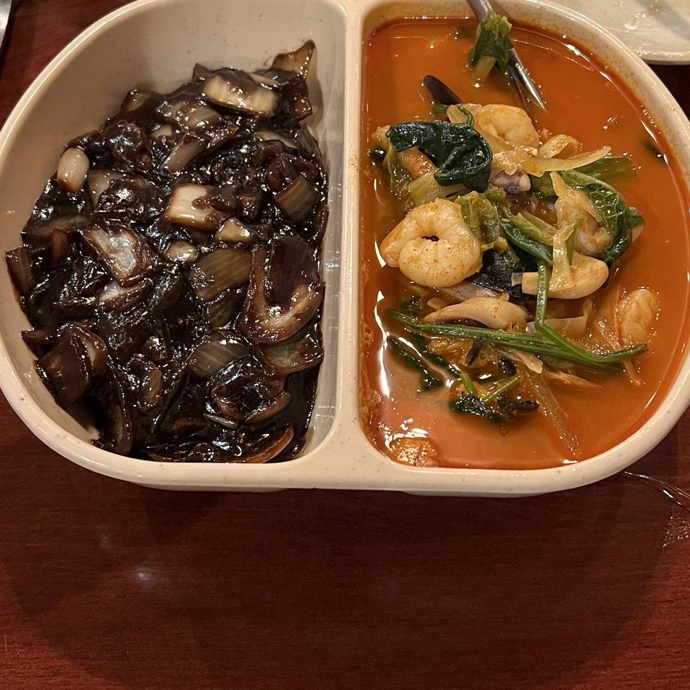 Hyo Dong Gak - N1. Noodle with Brown Sauce and Noodle with Spicy Seafood Soup - Korean Near Me - New York, New York Hyo Dong Gak - N1. Noodle with Brown Sauce and Noodle with Spicy Seafood Soup - Korean Near Me - New York, New York