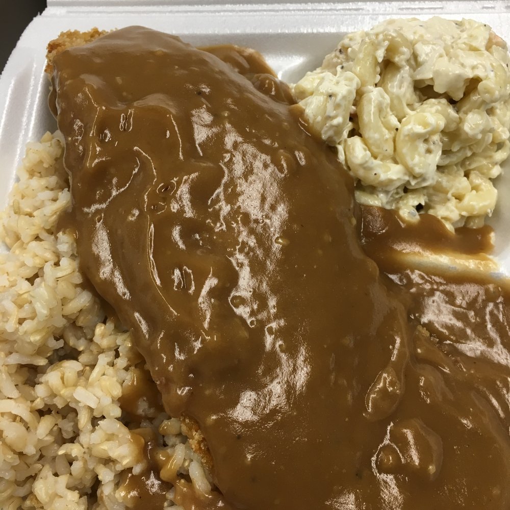 New York Steak Katsu ($10 incl tax): really is ono!! Skip the soggy brown rice and get white rice instead. New York Steak Katsu ($10 incl tax): really is ono!! Skip the soggy brown rice and get white rice instead.
