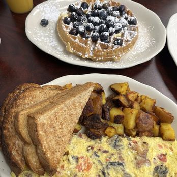 Richard’s Diner - Waffle with blueberries, wheat toast, loaded omelet and home fries. - Diners Near Me - Salisbury, Massachusetts
