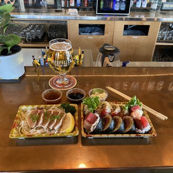 Umai Sushi - Take out at Propeller. Tuna tatami, butterfly and triple tuna maki. Plus Propeller's Orochi Japanese lager. - Sushi Bars Near Me - Bedford, Nova Scotia