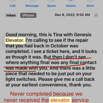 Genesis Elevator - they didn't come do it in Sept. or Oct. because in December they're trying to schedule to get somebody to do it! - Elevator Services Near Me - Kennesaw, Georgia Genesis Elevator - they didn't come do it in Sept. or Oct. because in December they're trying to schedule to get somebody to do it! - Elevator Services Near Me - Kennesaw, Georgia