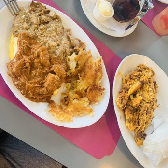 Donna Kaye's Cafe - I got the divorce omelette(omelette with half Chile Colorado and Chile verde) with hash browns and a side of huevos con chorizo. - American Near Me - Bakersfield, California