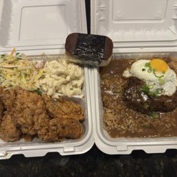 Loco Moco, musubi and soy garlic chicken. 10 out of 10, everything was delicious and flavorful!