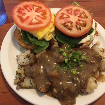 Morning Glory Café - Happy breakfast with real cheesy. The fresh spinach and tomato were great with the mushroom gravy smothered herbed potatoes. - Vegetarian Near Me - Eugene, Oregon