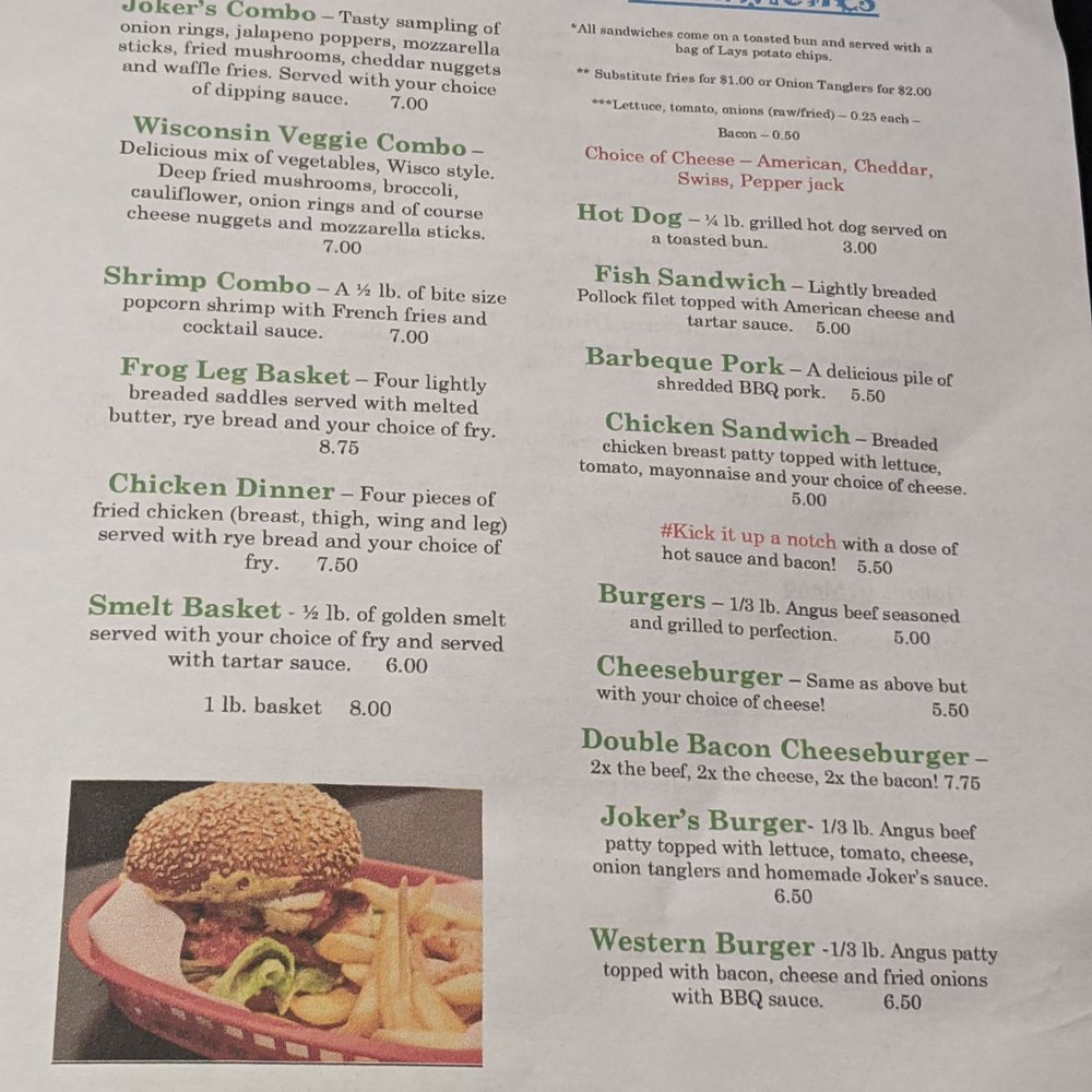 Joker's 5 Bar & Grill - To go menu as of 10/9/2020 (pricing might be outdated) - American Near Me - West Bend, Wisconsin Joker's 5 Bar & Grill - To go menu as of 10/9/2020 (pricing might be outdated) - American Near Me - West Bend, Wisconsin