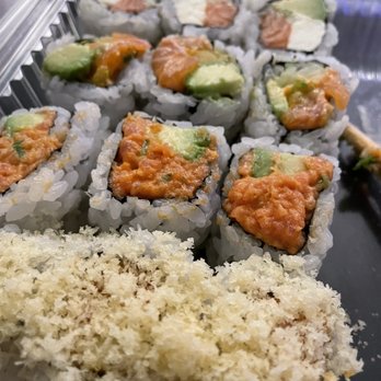 Kim's Sushi - Carlo roll, Spicy Salmon w/avocado, Spicy Tuna w/avocado and Spicy Salmon w/crunch. All were delicious! - Sushi Bars Near Me - West Orange, New Jersey Kim's Sushi - Carlo roll, Spicy Salmon w/avocado, Spicy Tuna w/avocado and Spicy Salmon w/crunch. All were delicious! - Sushi Bars Near Me - West Orange, New Jersey