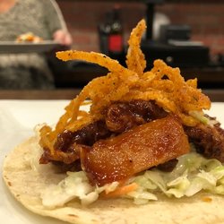 Uptown Taco - BBQ Chicken Taco battered free range chicken, BBQ sauce, coleslaw, onion straws