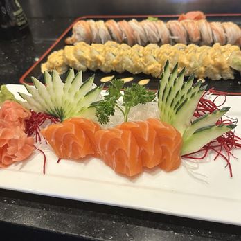 Sushi Hana - Salmon sashimi, Shaggy dog sushi roll, Mt. Fuji roll, and double double roll - Sushi Bars Near Me - Katy, Texas
