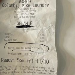 Columbia Pike Laundry - Receipt drop off the 3 items