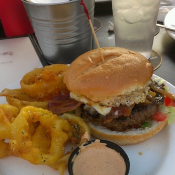 Fronk's - The Bull Burger.... With beer battered onion rings - Burgers Near Me - Bellflower, California