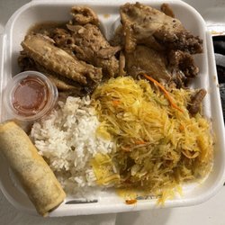 Two-Mada's Fast Food - Chicken adobo lunch which comes with steam rice pancit and eggroll with sweet chili sauce