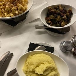 Mac and cheese, Brussels with bacon, mashed potatoes