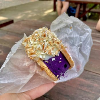 Tricycle Ice Cream - Ube Ice Cream Sandwich dipped in white chocolate and rolled in toasted coconut (quite possibly the best ice cream sandwich I've ever had) - Ice Cream & Frozen Yogurt Near Me - Providence, Rhode Island