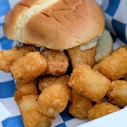 Gingham Girl Cake Rolls & Creations - Fried haddock Sammie with tater tots