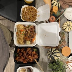 Yummy Yummy Teriyaki - Egg drop soup, noodles, teriyaki chicken & rice, orange chicken, and Pan Fried Dumplings (we already had a few to eat!)