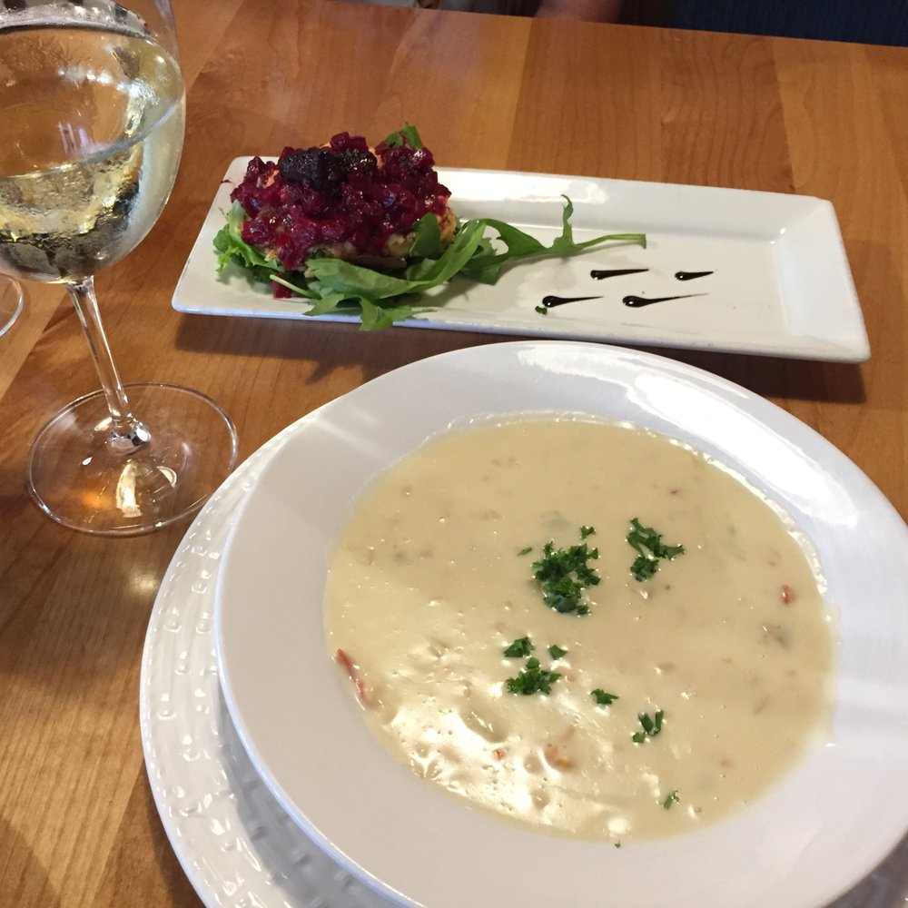Pacific Restaurant - Rich and Creamy Clam Chowder, crab cake in the background, and look at that wine serving! - New American Near Me - Tillamook, Oregon Pacific Restaurant - Rich and Creamy Clam Chowder, crab cake in the background, and look at that wine serving! - New American Near Me - Tillamook, Oregon
