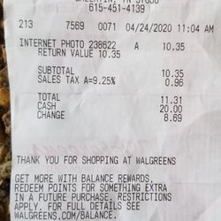 Walgreens - Receipt that says the return value is $10.35