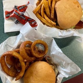 Galaxy B&G - The burger with fries was the hubby's; the burger with onion rings was mine. - Burgers Near Me - Killeen, Texas