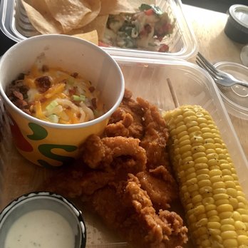 Chili's - Mango-Habanero Chicken Crispers, Loaded Mashed Potatoes, Sweet Corn on the Cob, and White Spinach Queso - American Near Me - East Rutherford, New Jersey Chili's - Mango-Habanero Chicken Crispers, Loaded Mashed Potatoes, Sweet Corn on the Cob, and White Spinach Queso - American Near Me - East Rutherford, New Jersey