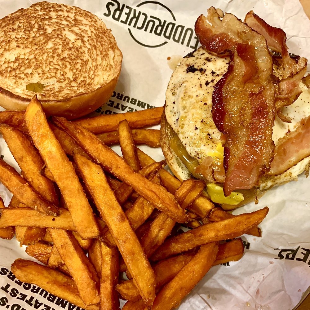Fuddruckers - Morning burger with sweet potato fries - Burgers Near Me - Branson, Missouri Fuddruckers - Morning burger with sweet potato fries - Burgers Near Me - Branson, Missouri